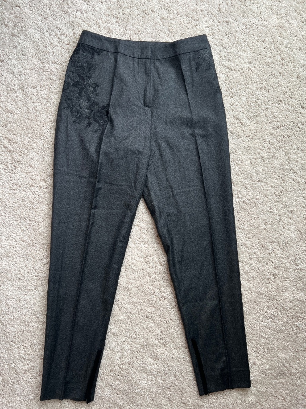 Valentino Gray Virgin Wool Lace Applique Ankle Zip Skinny Pants Size 6